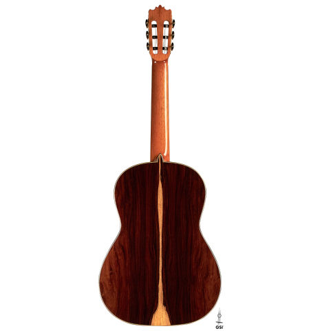 The back of a Wolfgang Jellinghaus "1912 Ex-Segovia 640" classical guitar made of cedar and Pau Ferro.