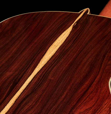 The back of a Wolfgang Jellinghaus "1912 Ex-Segovia 640" classical guitar made of cedar and Pau Ferro.