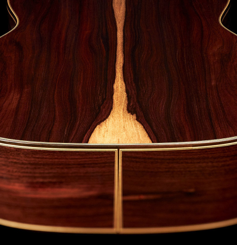 The back and sides of a Wolfgang Jellinghaus "1912 Ex-Segovia 640" classical guitar made of cedar and Pau Ferro.