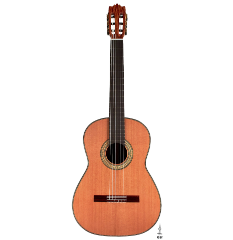 The front of a Wolfgang Jellinghaus "1912 Ex-Segovia 640" classical guitar made of cedar and Pau Ferro.