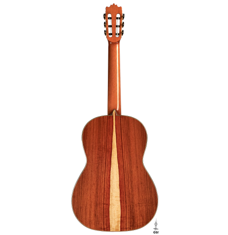 The back of a 2023 Wolfgang Jellinghaus "1912 Ex-Segovia" classical guitar made of spruce and granadillo.