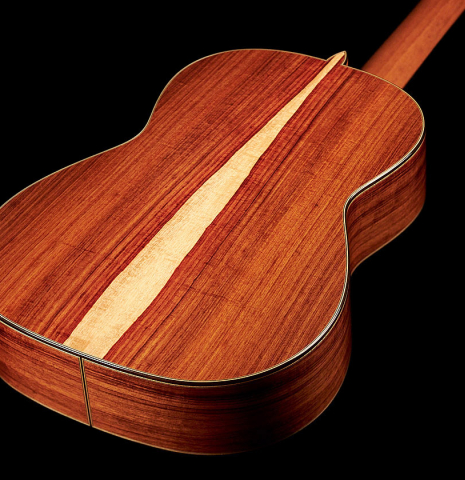 The back and sides of a Wolfgang Jellinghaus "1912 Ex-Segovia" classical guitar made of spruce and granadillo.