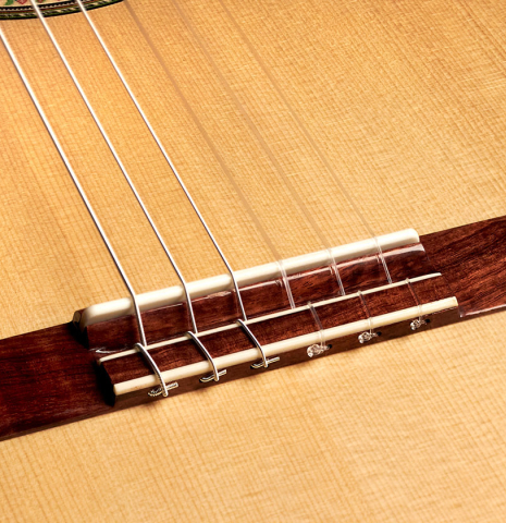 The bridge and saddle of a Wolfgang Jellinghaus "1912 Ex-Segovia" classical guitar made of spruce and granadillo.