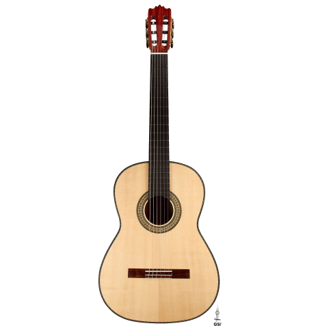 The front of a Wolfgang Jellinghaus "1912 Ex-Segovia" classical guitar made of spruce and granadillo.