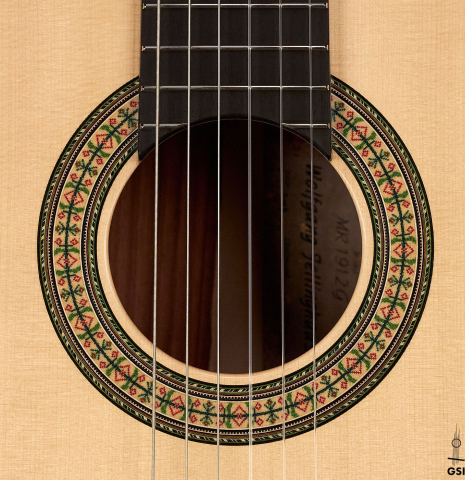 The rosette of a Wolfgang Jellinghaus "1912 Ex-Segovia" classical guitar made of spruce and granadillo.