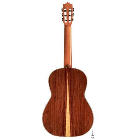 The back of a 2023 Wolfgang Jellinghaus "1912 Ex-Segovia 640" classical guitar made of spruce and granadillo.