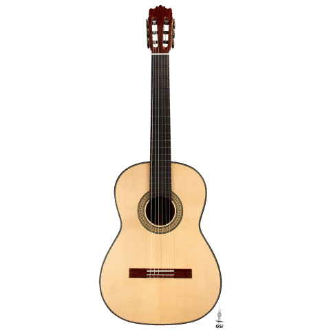The front of a 2023 Wolfgang Jellinghaus "1912 Ex-Segovia 640" classical guitar made of spruce and granadillo.