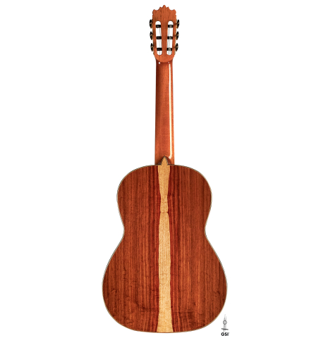 The back of a Wolfgang Jellinghaus "1912 Ex-Segovia" classical guitar made of cedar and granadillo.