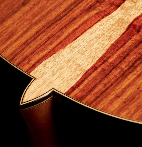 Close-up of the back and heel of a Wolfgang Jellinghaus "1912 Ex-Segovia" classical guitar made of cedar and granadillo.
