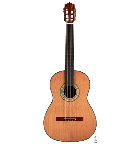 The front of a Wolfgang Jellinghaus "1912 Ex-Segovia" classical guitar made of cedar and granadillo.