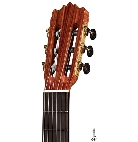 The headstock of a Wolfgang Jellinghaus "1912 Ex-Segovia" classical guitar made of cedar and granadillo.