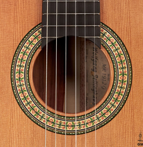 The rosette of a Wolfgang Jellinghaus "1912 Ex-Segovia" classical guitar made of cedar and granadillo.