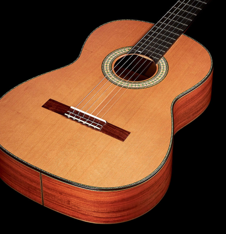 The soundboard and side of a Wolfgang Jellinghaus "1912 Ex-Segovia" classical guitar made of cedar and granadillo.