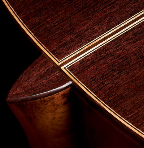 The heel and back purflings of a Wolfgang Jellinghaus "Espanola A" classical guitar with cedar top and Indian rosewood back and sides