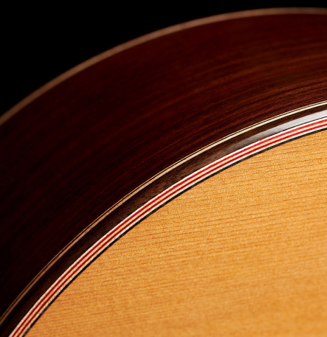 The top and side purfling of a Wolfgang Jellinghaus "Espanola A" classical guitar with cedar top and Indian rosewood back and sides