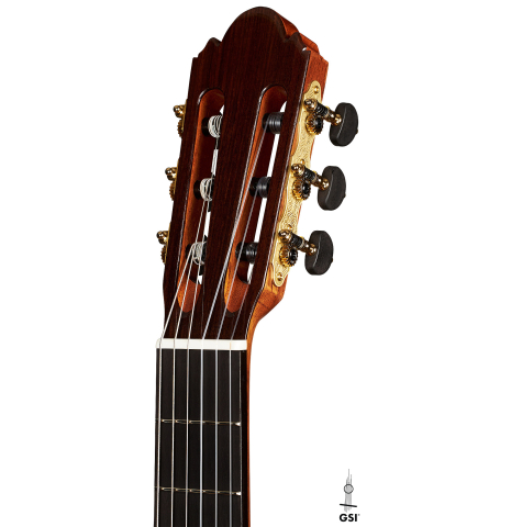 The headstock of a Wolfgang Jellinghaus "Espanola A" classical guitar with cedar top and Indian rosewood back and sides