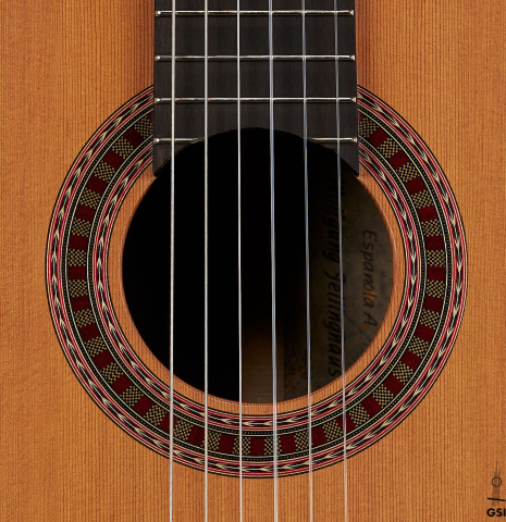 The rosette of a Wolfgang Jellinghaus "Espanola A" classical guitar with cedar top and Indian rosewood back and sides