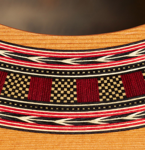 Detail of the rosette of a Wolfgang Jellinghaus "Espanola A" classical guitar with cedar top and Indian rosewood back and sides