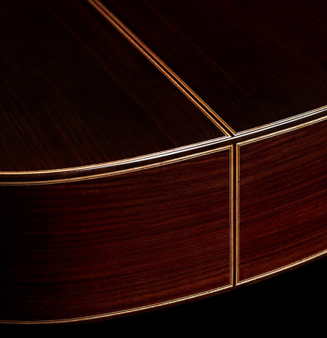 The back and sides at the foot of a Wolfgang Jellinghaus "Espanola A" classical guitar with cedar top and Indian rosewood back and sides