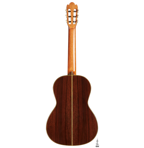 The back of a Wolfgang Jellinghaus “Torres FE 13 - clear” classical guitar made with spruce and Indian rosewood