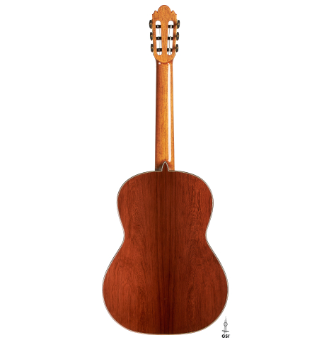 The back of a Wolfgang Jellinghaus "Alemana" 1a SP/SP" classical guitar made of spruce and African rosewood