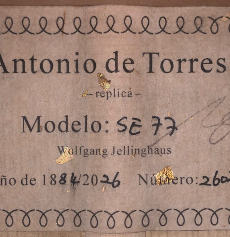 This is the label of a Wolfgang Jellinghaus "Torres 77" classical guitar made of spruce and maple