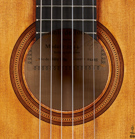 This is the rosette of a Wolfgang Jellinghaus "Torres 77" classical guitar made of spruce and maple