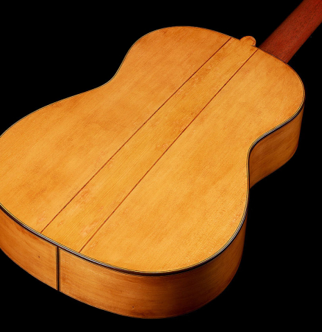 The back and sides of a 2023 Wolfgang Jellinghaus “Torres 114 - ex Tarrega” classical guitar made of spruce and cypress