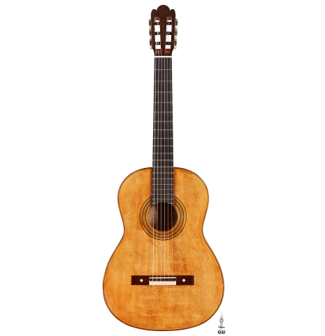The front of a 2023 Wolfgang Jellinghaus “Torres 114 - ex Tarrega” classical guitar made of spruce and cypress