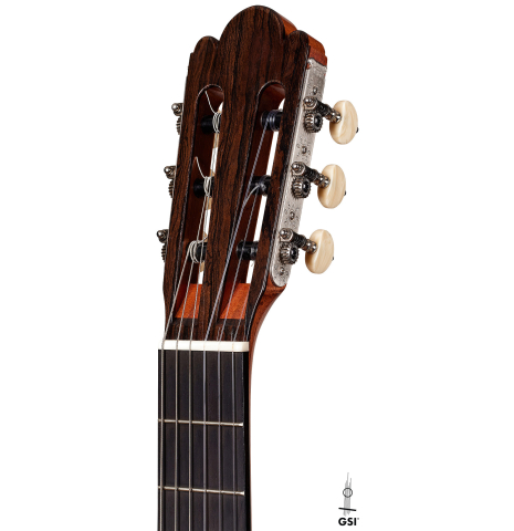 The headstock of a 2023 Wolfgang Jellinghaus “Torres 114 - ex Tarrega” classical guitar made of spruce and cypress