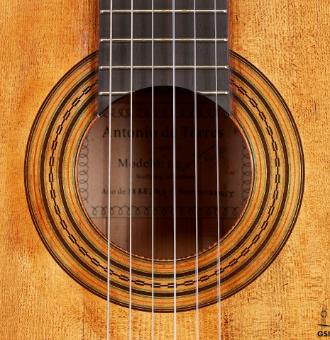 The rosette of a 2023 Wolfgang Jellinghaus “Torres 114 - ex Tarrega” classical guitar made of spruce and cypress