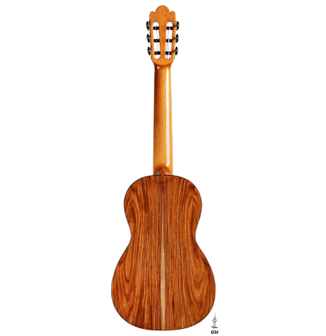 This is the back of a Wolfgang Jellinghaus "Torres 77 - clear" classical guitar made of spruce and granadillo