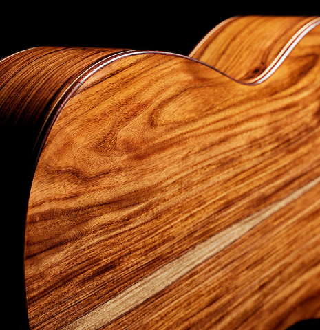 This is the back view of a Wolfgang Jellinghaus "Torres 77 - clear" classical guitar made of spruce and granadillo