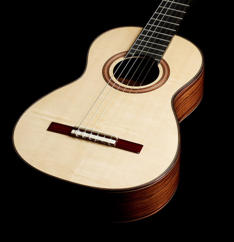 This is the soundboard of a Wolfgang Jellinghaus "Torres 77 - clear" classical guitar made of spruce and granadillo