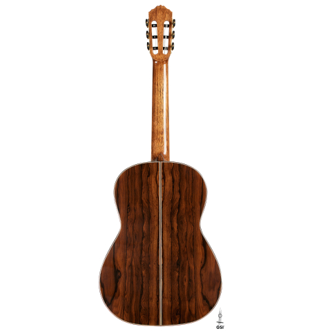 The back of a Wolfgang Jellinghaus "1912 Ex-Segovia 630" classical guitar made of spruce and ziricote