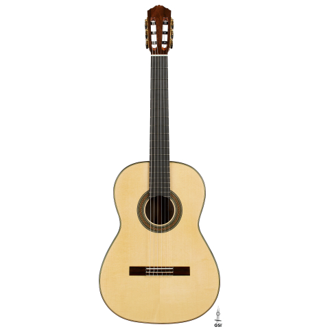 The front of a Wolfgang Jellinghaus "1912 Ex-Segovia 630" classical guitar made of spruce and ziricote