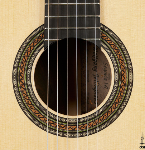 The rosette of a Wolfgang Jellinghaus "1912 Ex-Segovia 630" classical guitar made of spruce and ziricote