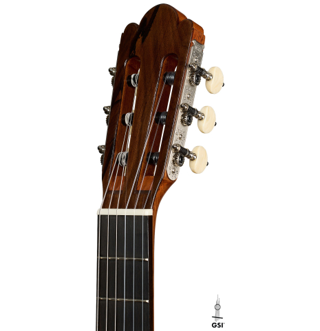 The headstock of a Wolfgang Jellinghaus "Torres SE 02" classical guitar made with spruce and cypress