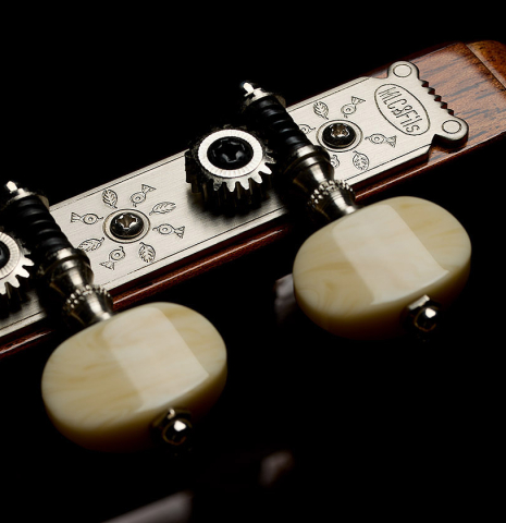 The tuning machines of a Wolfgang Jellinghaus "Torres SE 02" classical guitar made with spruce and cypress