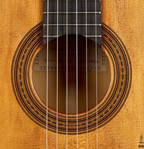 The rosette of a Wolfgang Jellinghaus "Torres SE 02" classical guitar made with spruce and cypress