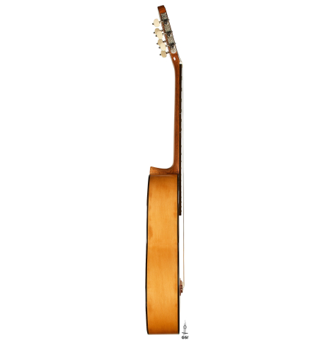 The side of a Wolfgang Jellinghaus "Torres SE 02" classical guitar made with spruce and cypress