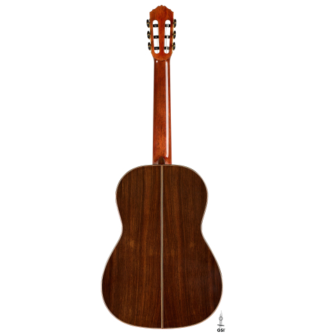 The back of a 2025 Wolfgang Jellinghaus "1912 Ex-Segovia A" classical guitar made of spruce and Indian rosewood