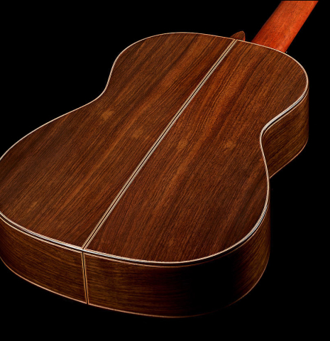 The back and sides of a 2025 Wolfgang Jellinghaus "1912 Ex-Segovia A" classical guitar made of spruce and Indian rosewood