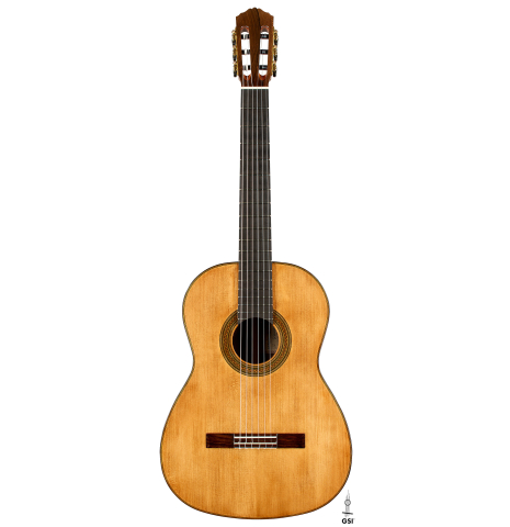 The front of a 2025 Wolfgang Jellinghaus "1912 Ex-Segovia A" classical guitar made of spruce and Indian rosewood