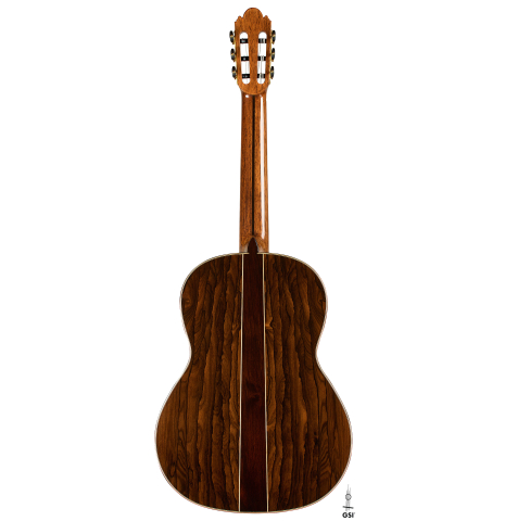 The back of a 2025 Wolfgang Jellinghaus "Signature CD/SP" classical guitar made of cedar/spruce and ziricote