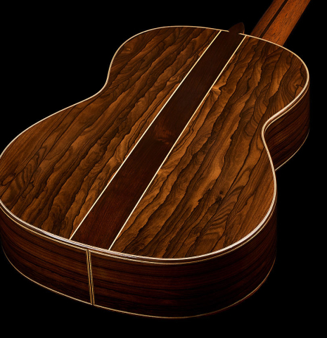The back and sides of a 2025 Wolfgang Jellinghaus "Signature CD/SP" classical guitar made of cedar/spruce and ziricote