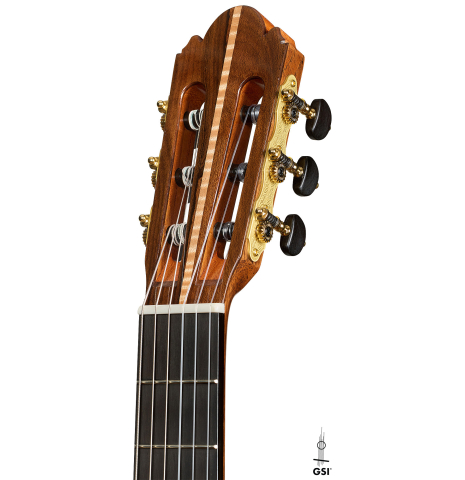 The headstock of a 2025 Wolfgang Jellinghaus "Signature CD/SP" classical guitar made of cedar/spruce and ziricote