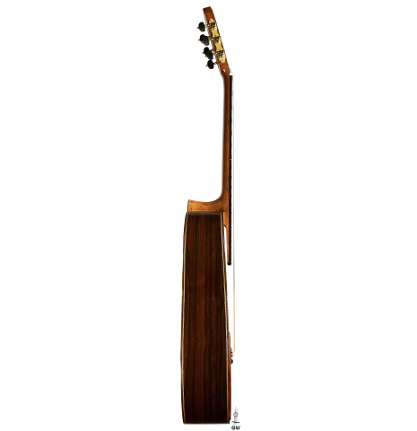 The side of a 2025 Wolfgang Jellinghaus "Signature CD/SP" classical guitar made of cedar/spruce and ziricote