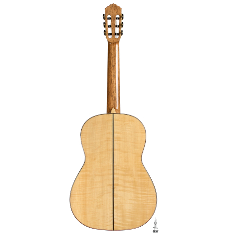 The back of a Wolfgang Jellinghaus "1912 Ex-Segovia 640" classical guitar made of spruce and maple