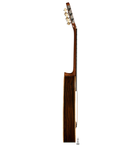 The side of a Wolfgang Jellinghaus "Torres SE 77" classical guitar made of spruce and ziricote